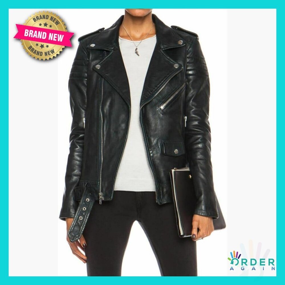 Slim Fit Lambskin Leather Biker Jacket Classic Modern Style Long Sleeve